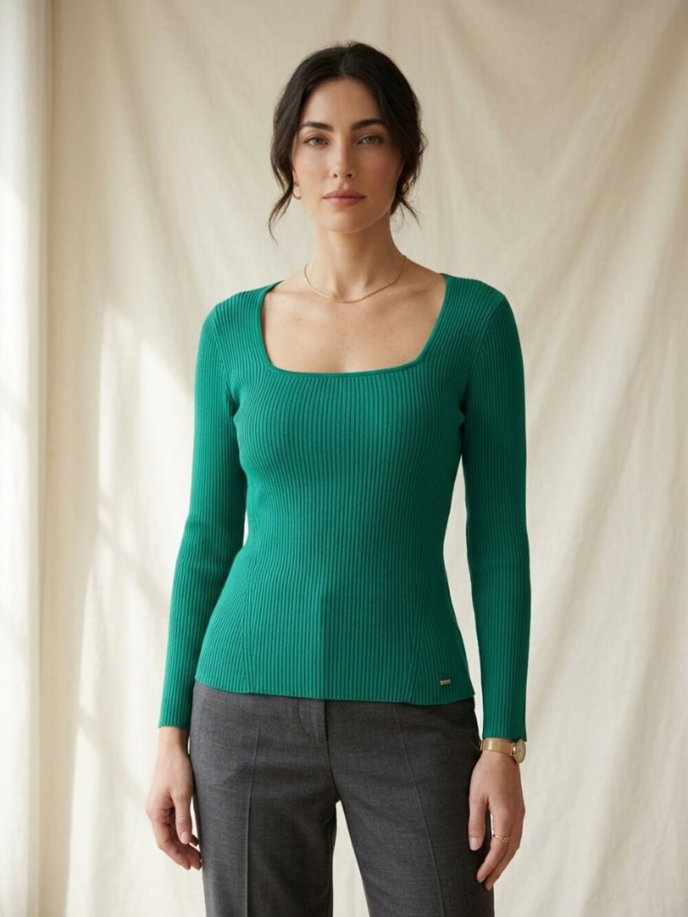 TED BAKER London Green Square Neck Ribbed Knit Top Minimalist Timeless 5 - L